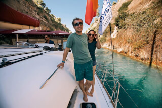 Andrew & Denise motoring through Corinth Canal, Oct 2017